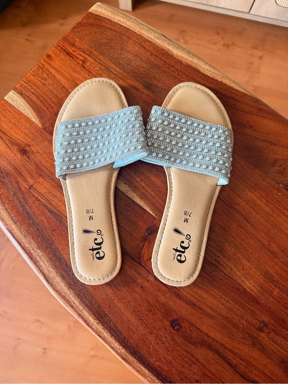 Etcetera Silver and Pearl Embellished Beaded Slide Sandals